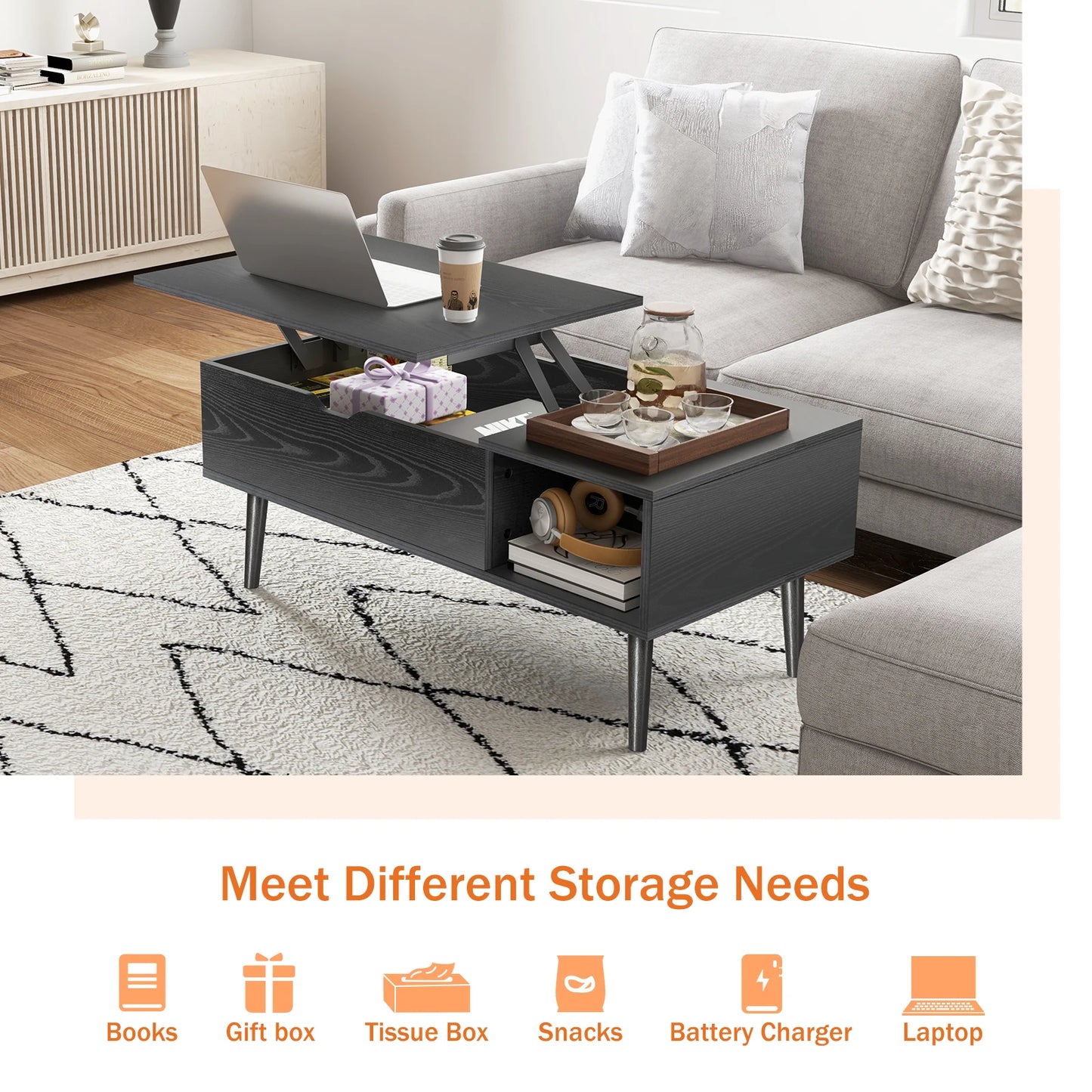 Lift-Top Coffee Table with Adjustable Storage Shelf – Easy Lift and Lower Mechanism