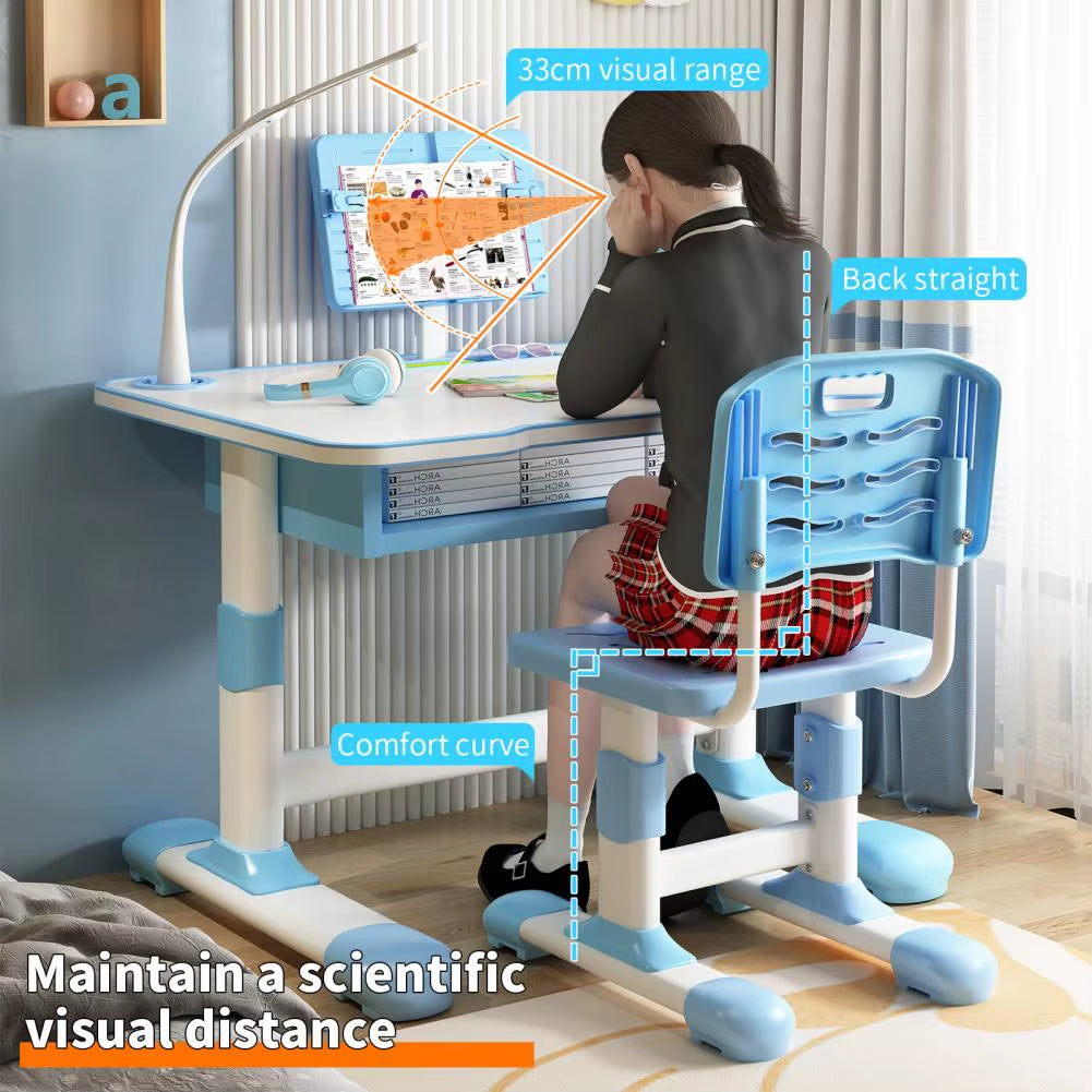 Adjustable Kids Study Desk and Chair Set with Tiltable Reading Stand and LED Light