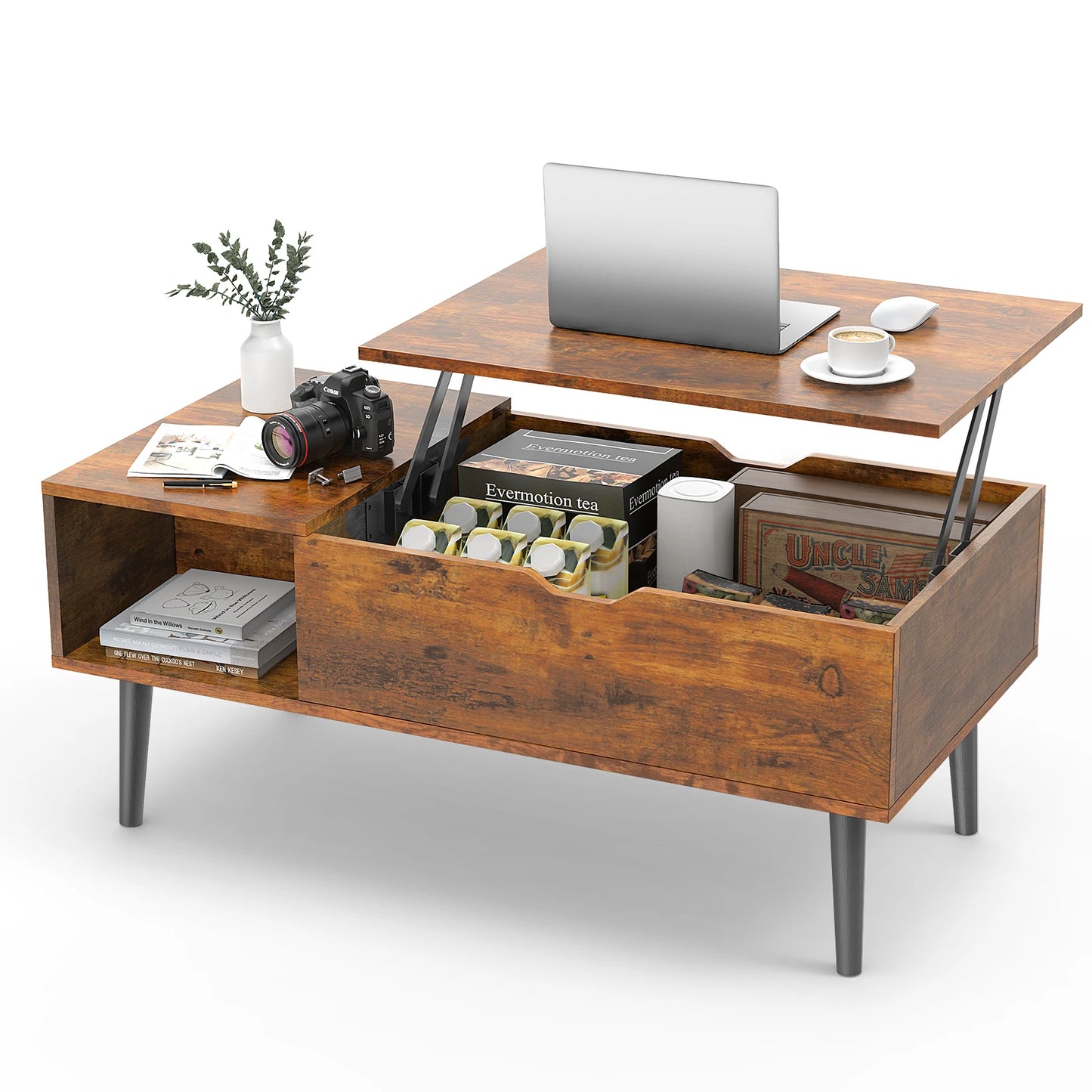 Lift-Top Coffee Table with Adjustable Storage Shelf – Easy Lift and Lower Mechanism
