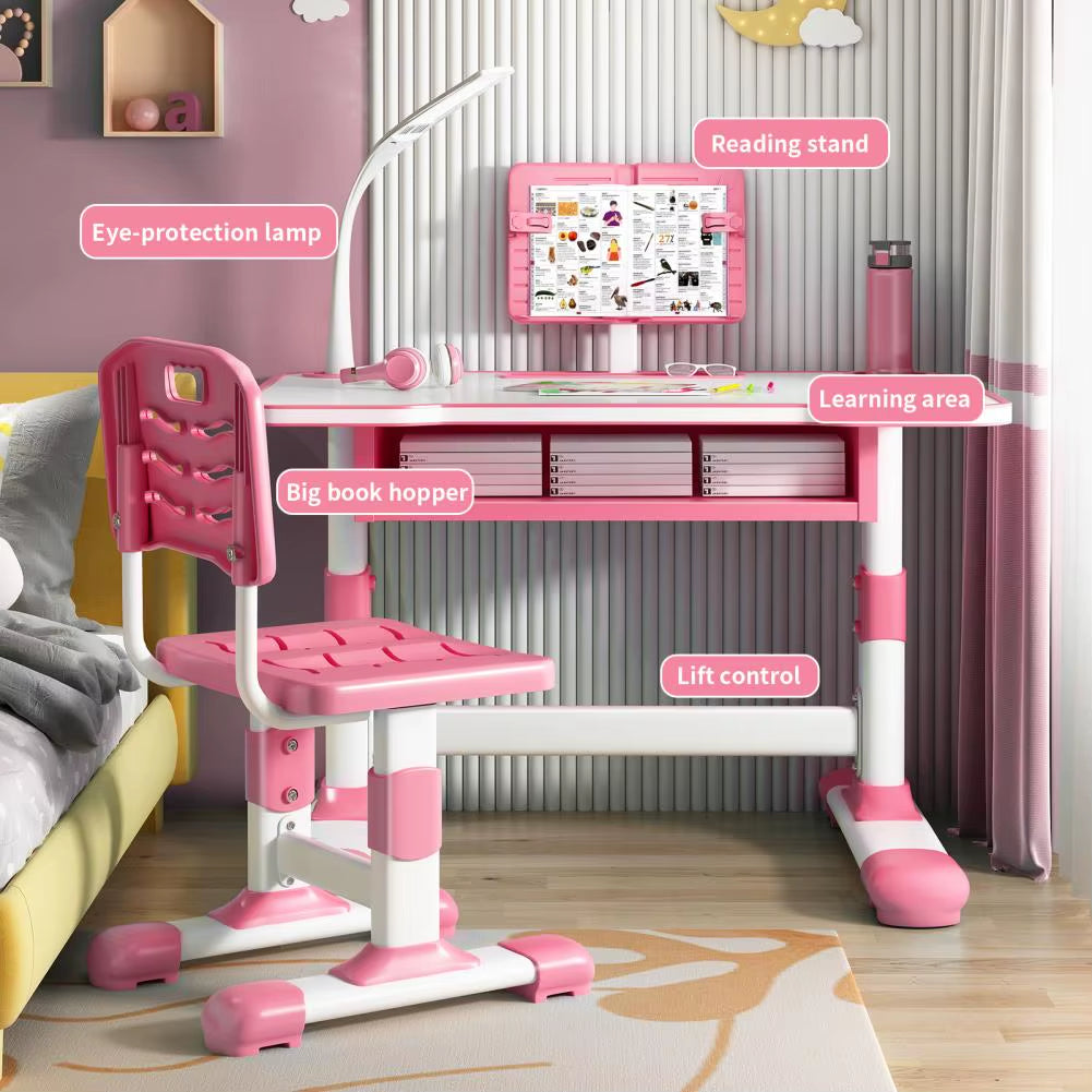Adjustable Kids Study Desk and Chair Set with Tiltable Reading Stand and LED Light