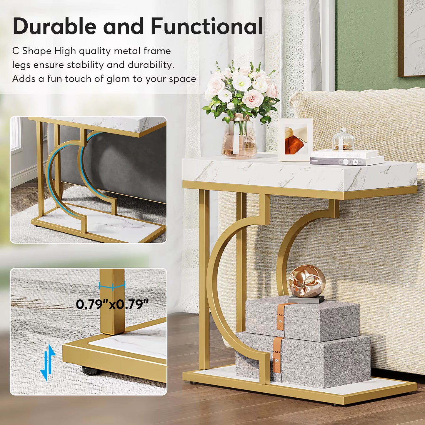 White & Gold Modern C-Shaped Side Table