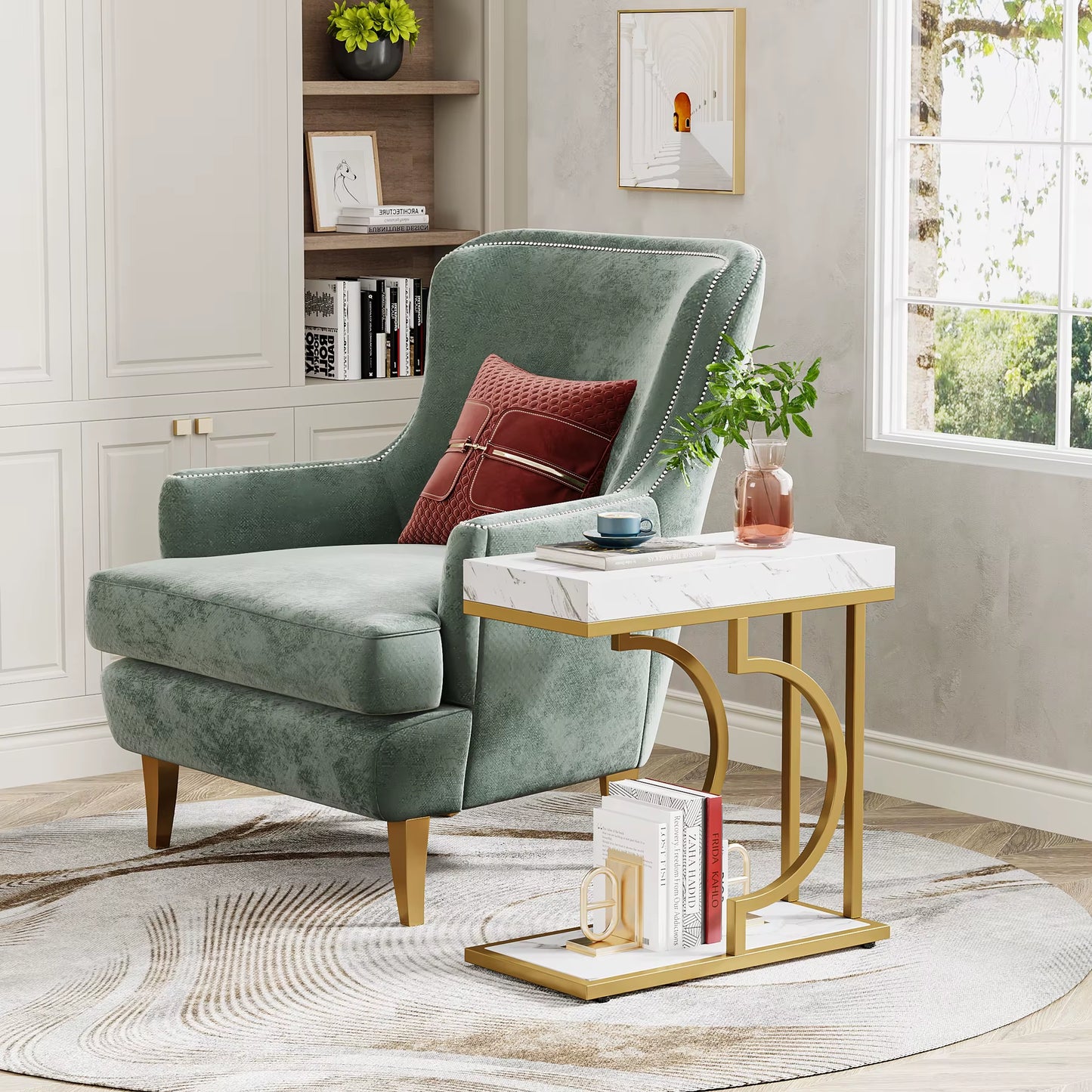 White & Gold Modern C-Shaped Side Table