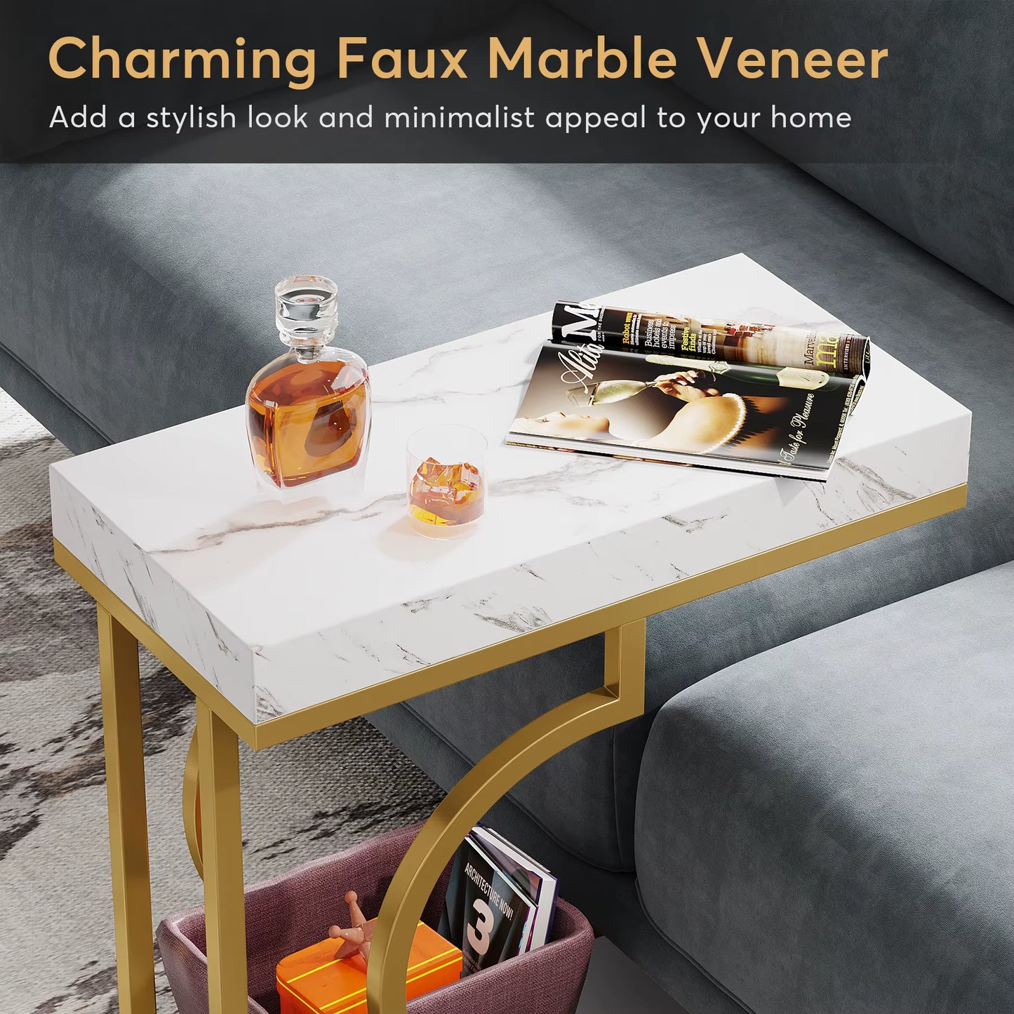 White & Gold Modern C-Shaped Side Table