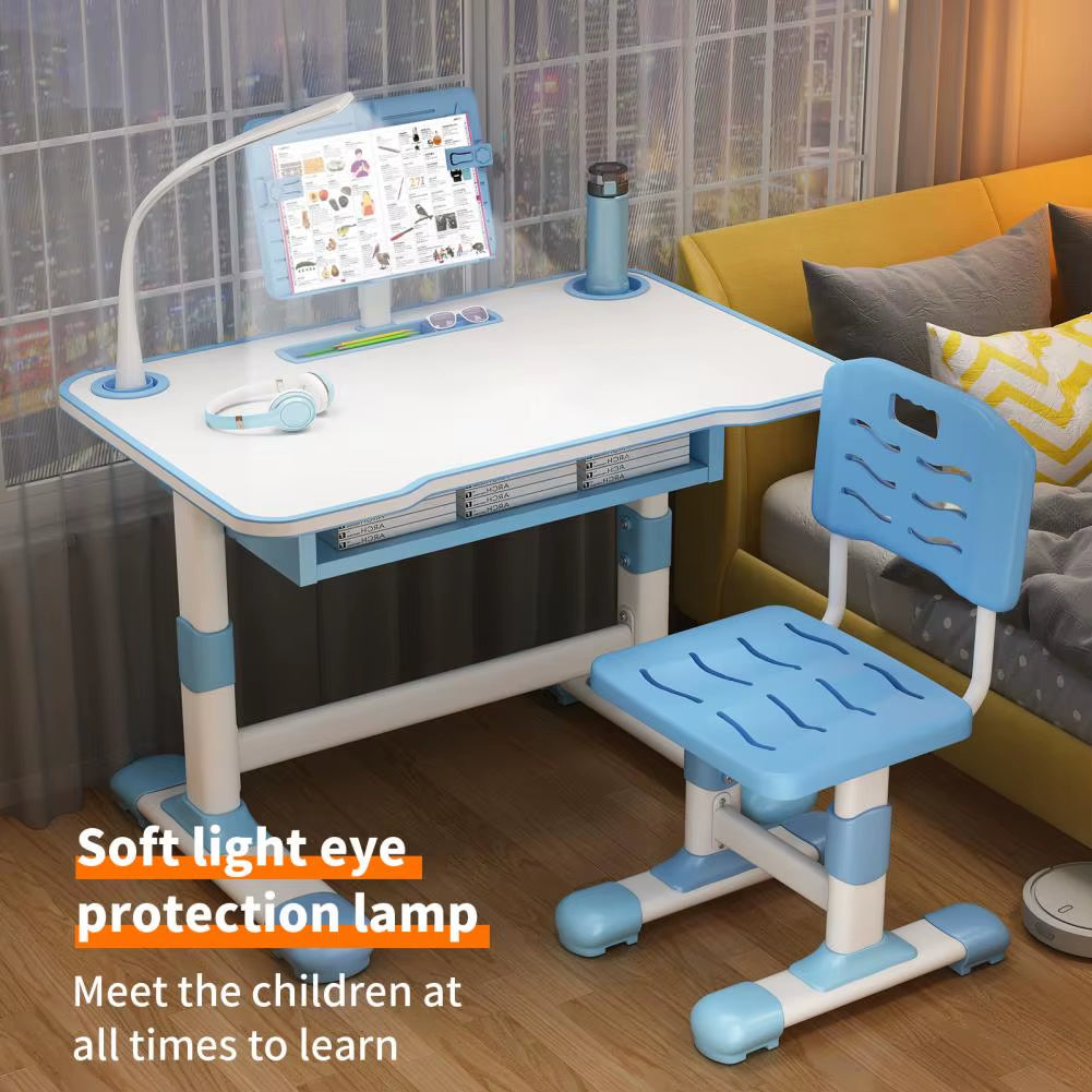 Adjustable Kids Study Desk and Chair Set with Tiltable Reading Stand and LED Light