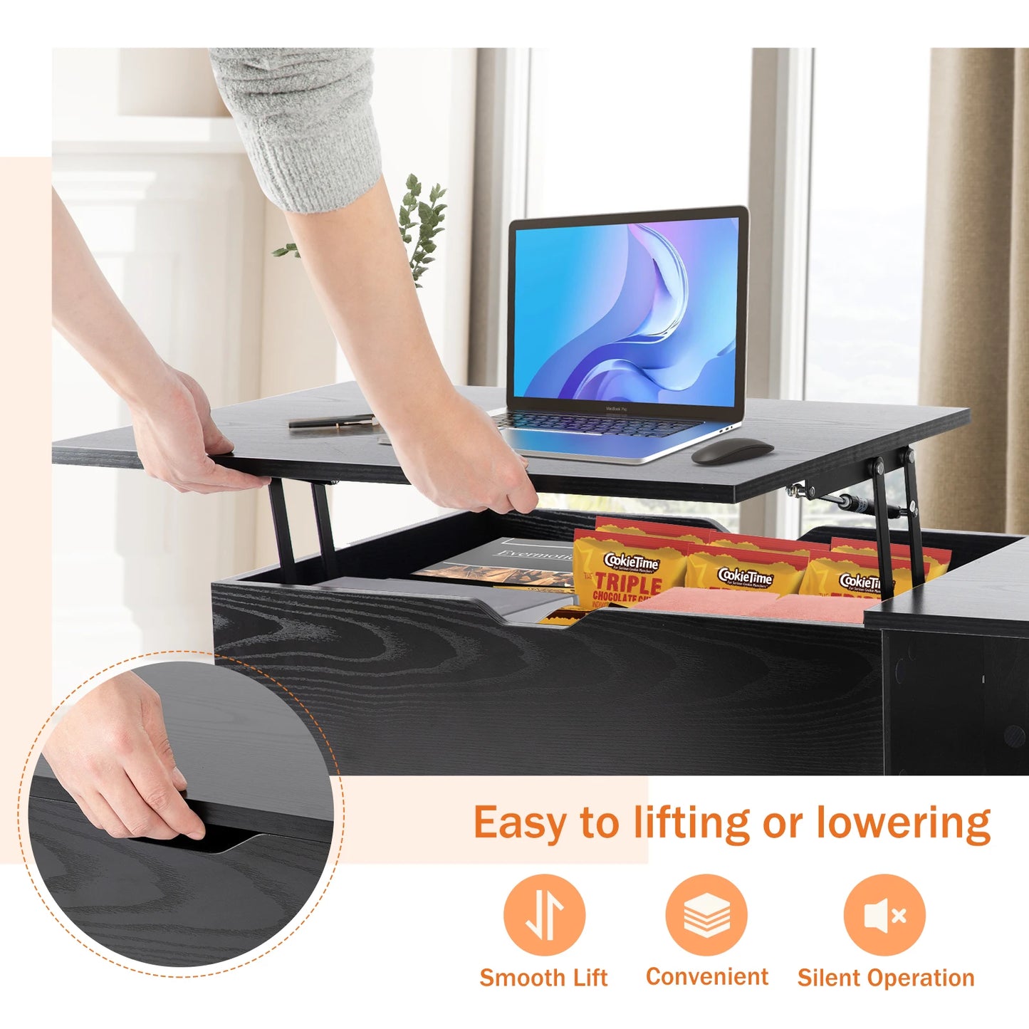 Lift-Top Coffee Table with Adjustable Storage Shelf – Easy Lift and Lower Mechanism