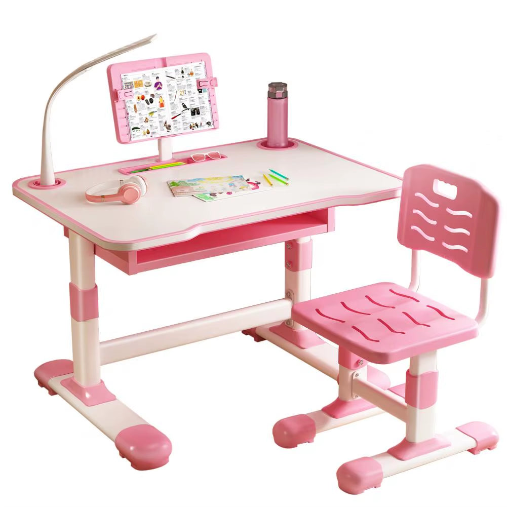 Adjustable Kids Study Desk and Chair Set with Tiltable Reading Stand and LED Light