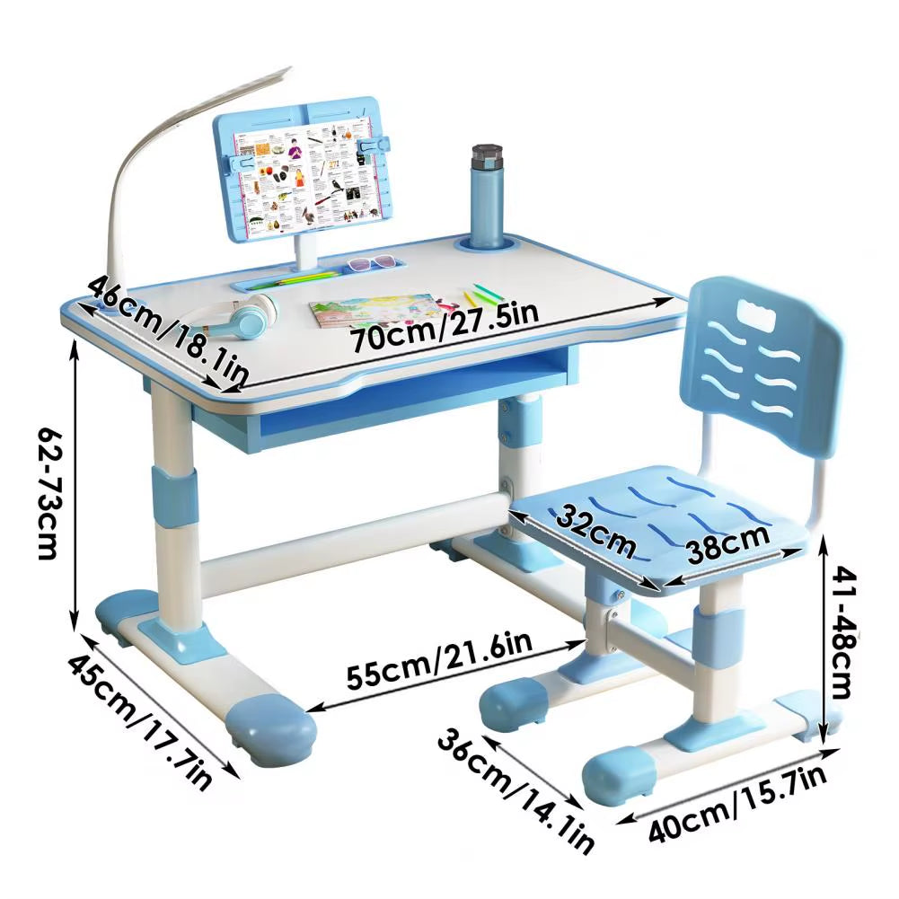 Adjustable Kids Study Desk and Chair Set with Tiltable Reading Stand and LED Light