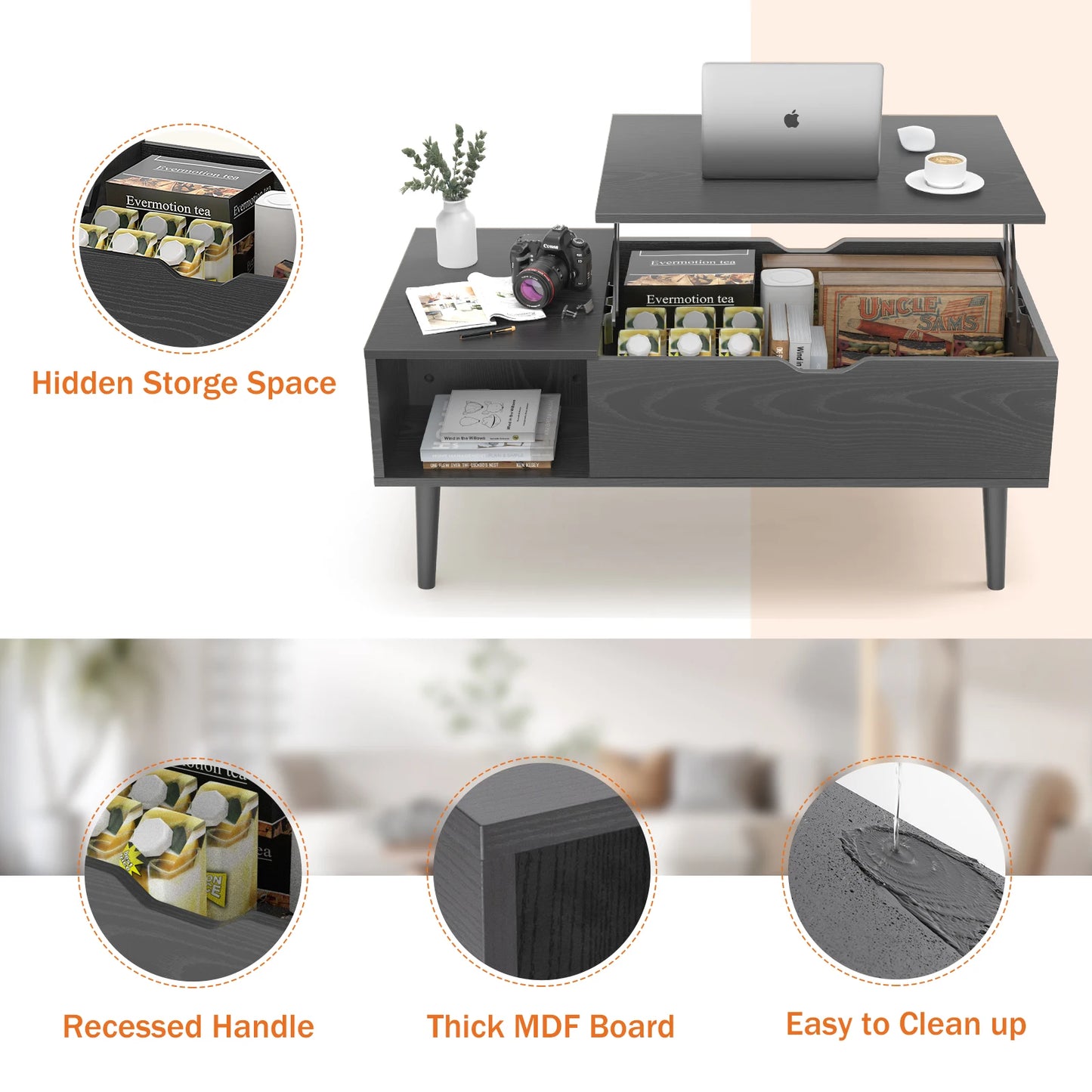 Lift-Top Coffee Table with Adjustable Storage Shelf – Easy Lift and Lower Mechanism