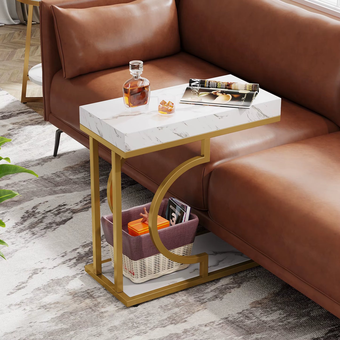 White & Gold Modern C-Shaped Side Table