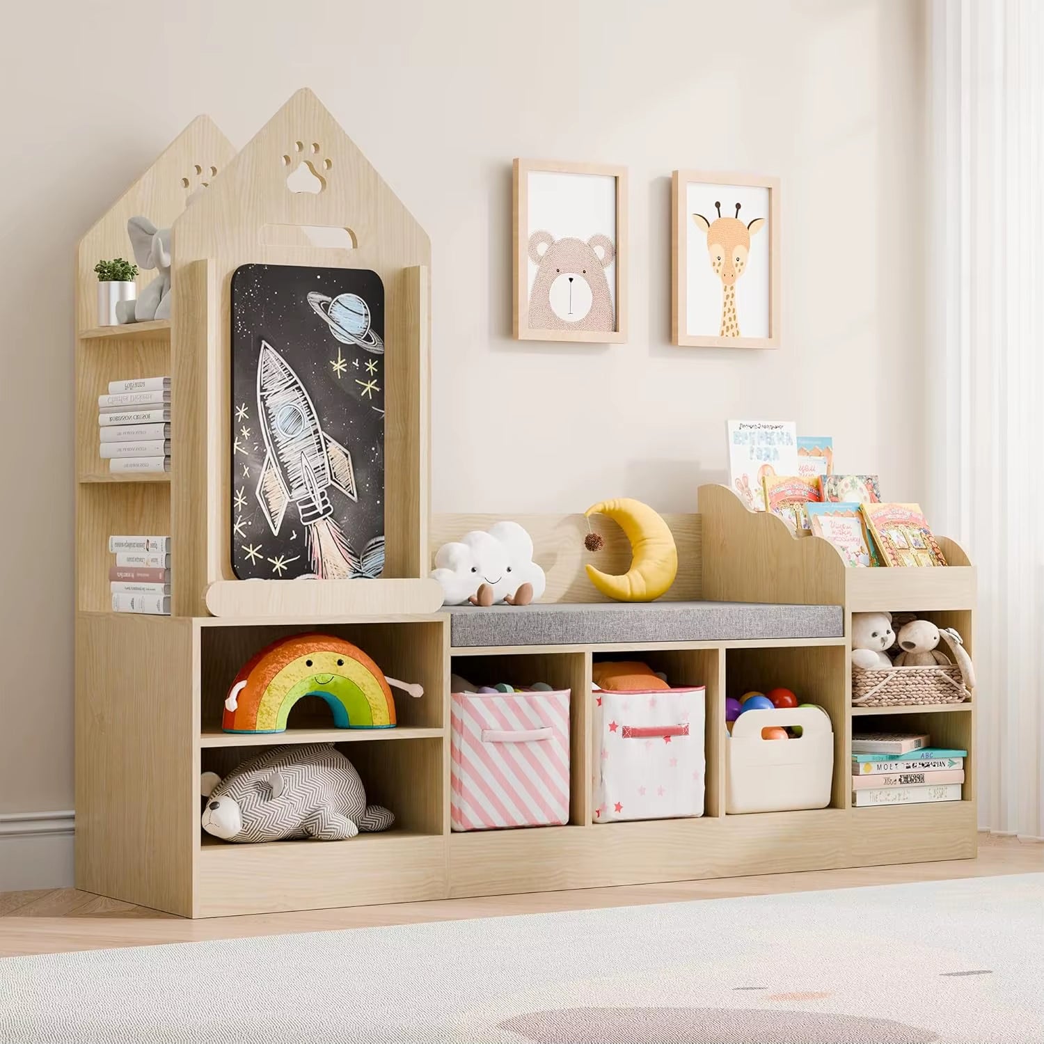 Kids Bookshelf with Reading Nook, Toy Organizer, Chalkboard, and Built-in Bench